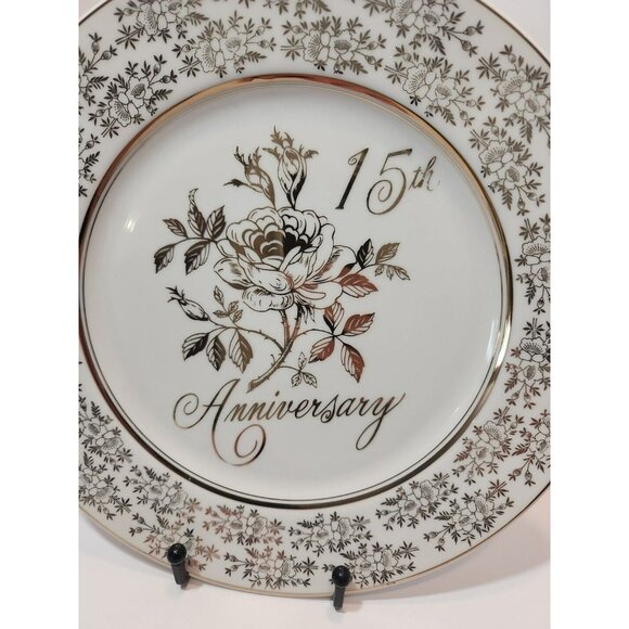 Vintage Norcrest Gold Floral 15th Anniversary Collector Plate Great Gift Couples - Picture 4 of 10